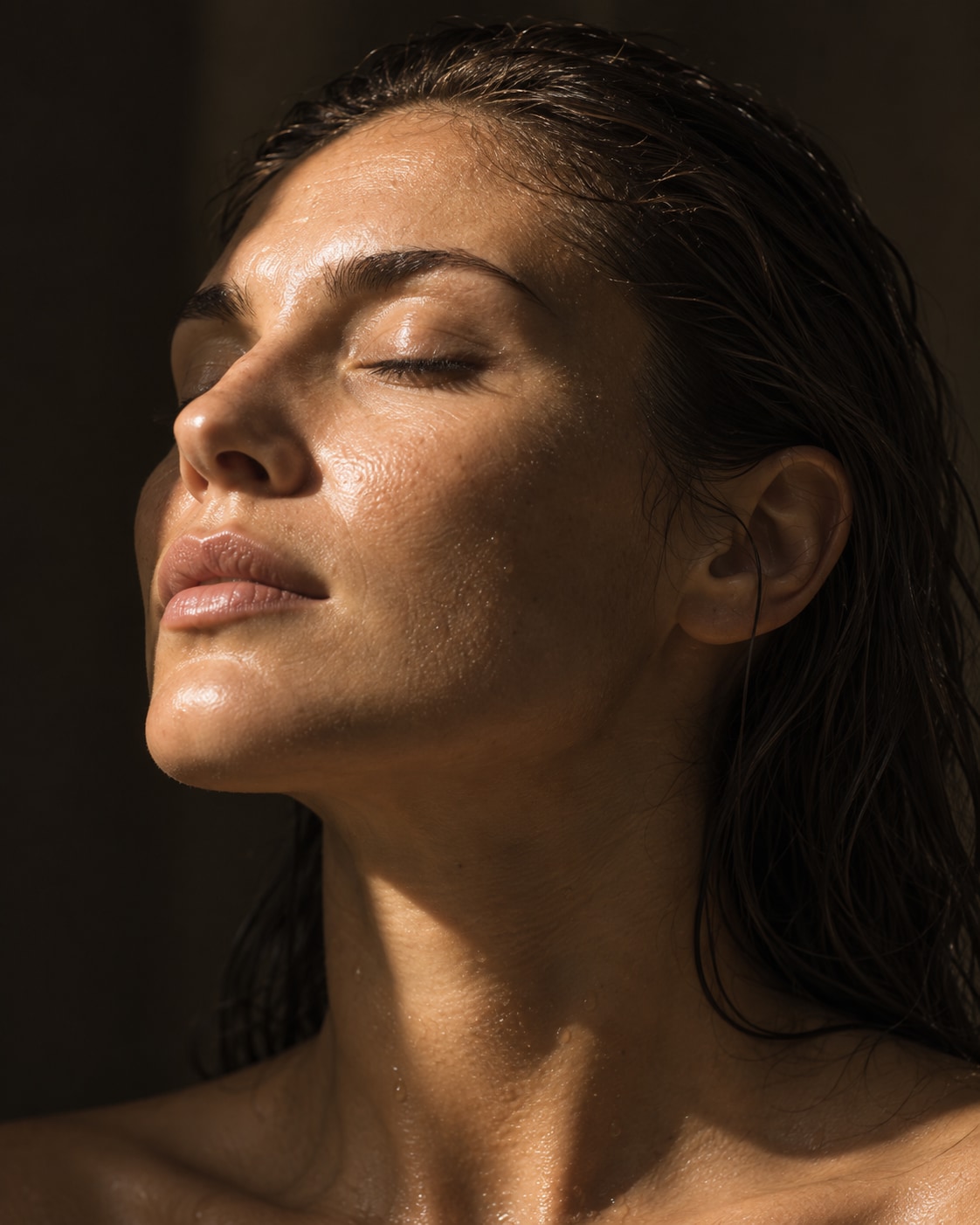 Viso a occhi chiusi, illuminato da una luce calda e naturale.